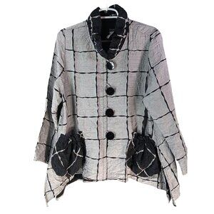 Moonlight Y&S Womens Crinkle Gray Black Grid Button Jacket Size L Pouch Pockets